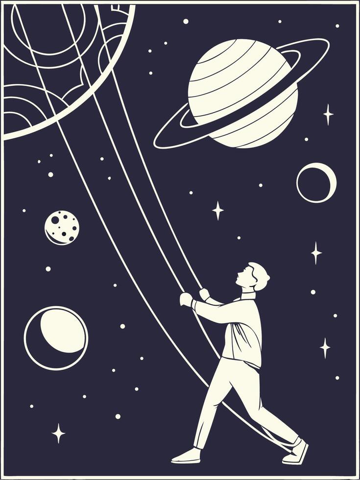A man is flying a kite with planets and stars vector