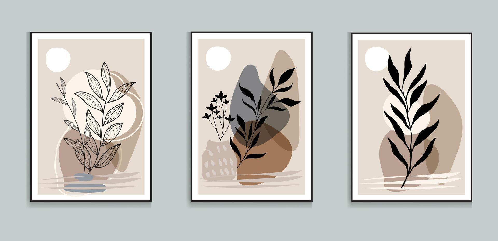 Boho Abstract Leaf Art, PRINTABLES Set of 3, Geometric Neutral Brown Beige Living Room Decor vector