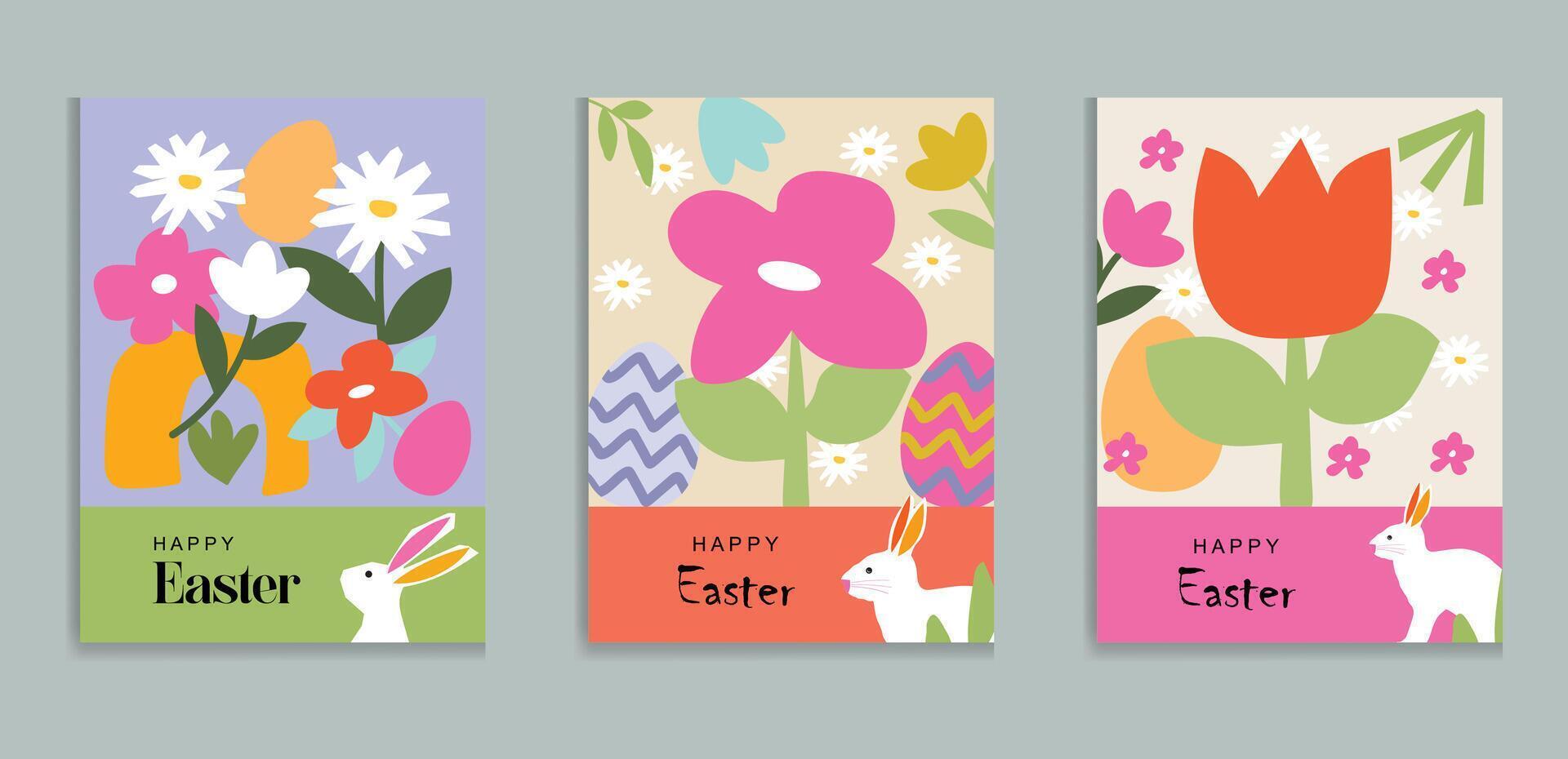 Happy Easter Set of cute greeting card, poster, holiday cover or web banner. Trendy design with typography, hand drawn flowers and Easter eggs in geometric style with doodles. Easter art template vector