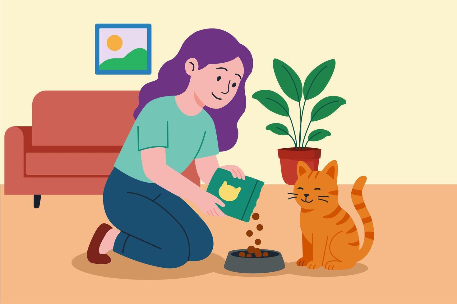 flat design illustration, woman feeding cat vector