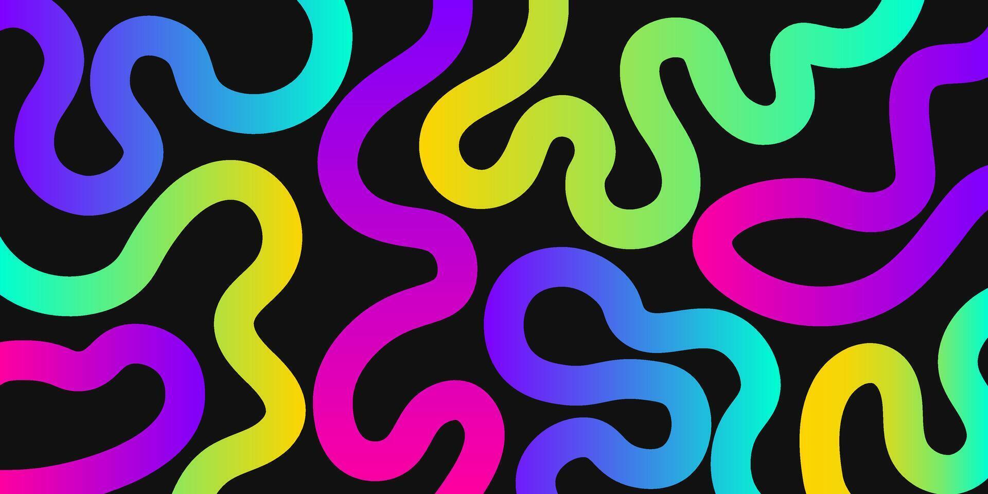 Colorful abstract banner with vibrant gradient wavy lines on black background. Modern, playful, and futuristic design for digital art, wallpapers, and creative projects. illustration. vector