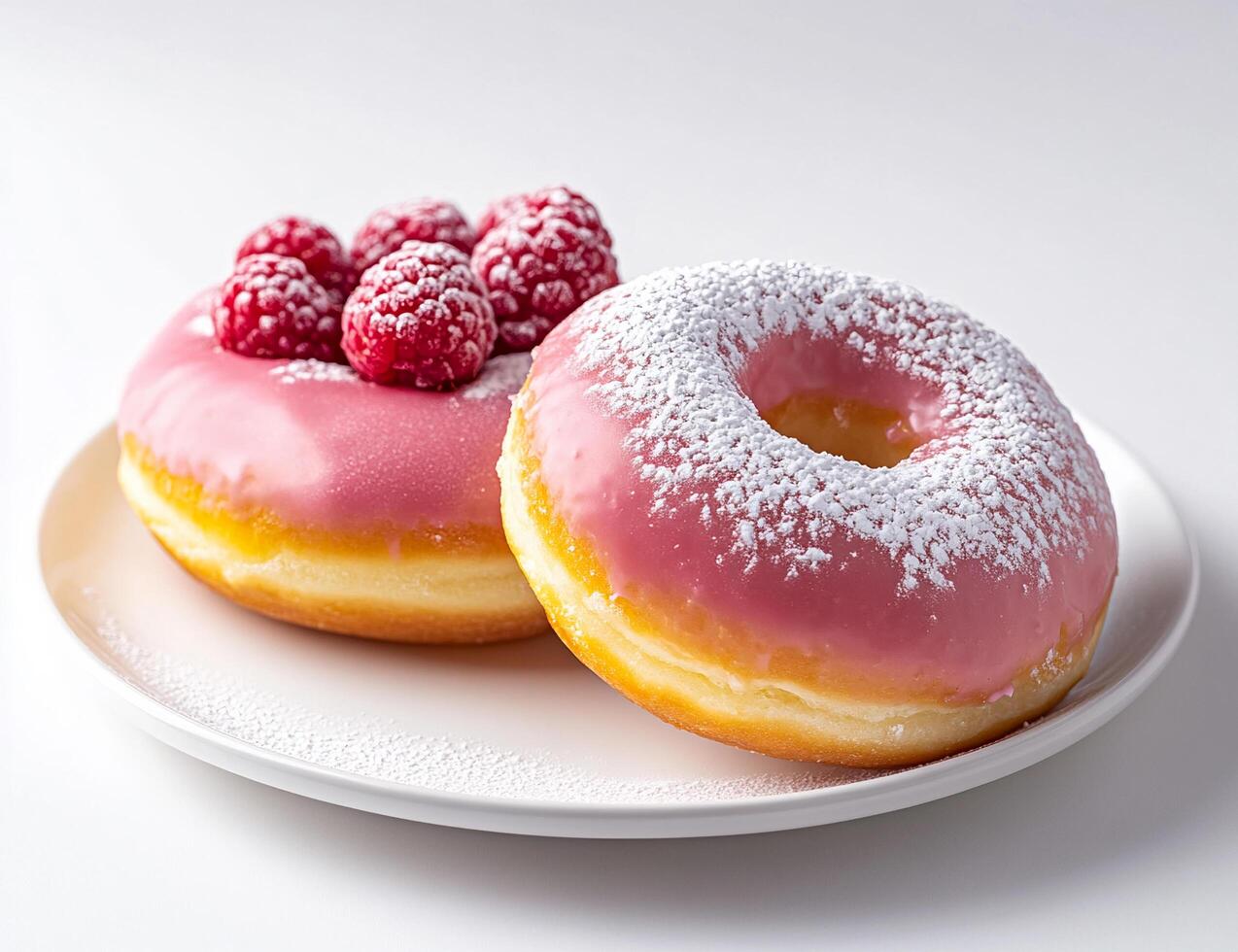 Two Delicious Pink Glazed Donuts with Fresh Raspberries and Powdered Sugar photo