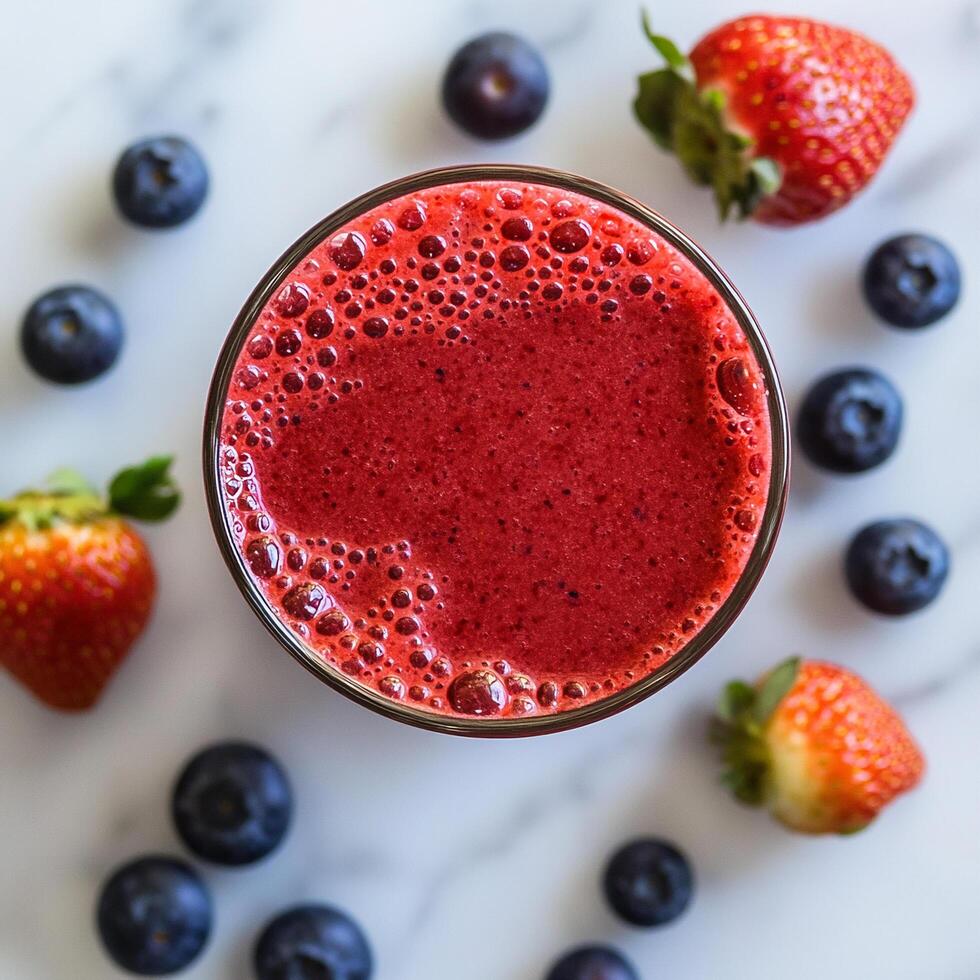 A glass of smoothie with berries and strawberries photo