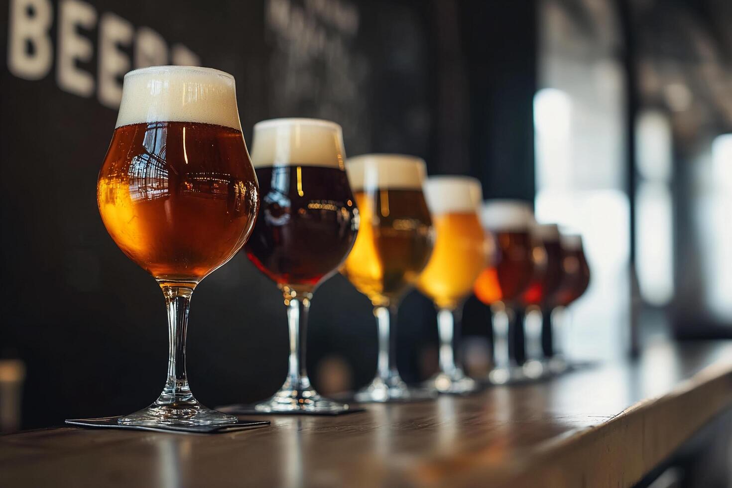 A row of beer glasses lined up on a bar photo