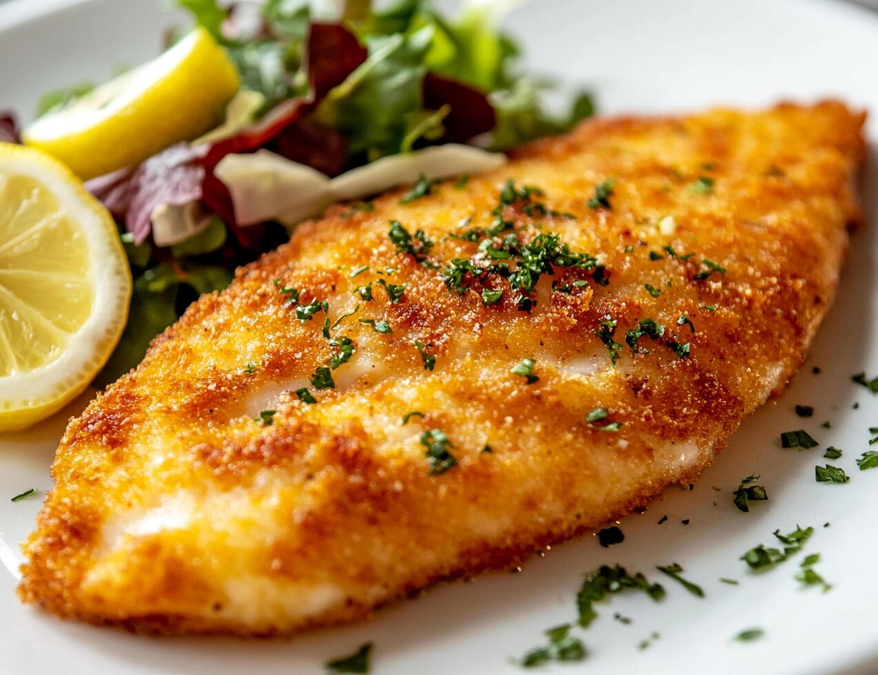 A piece of fish with lemon and a salad on a plate photo