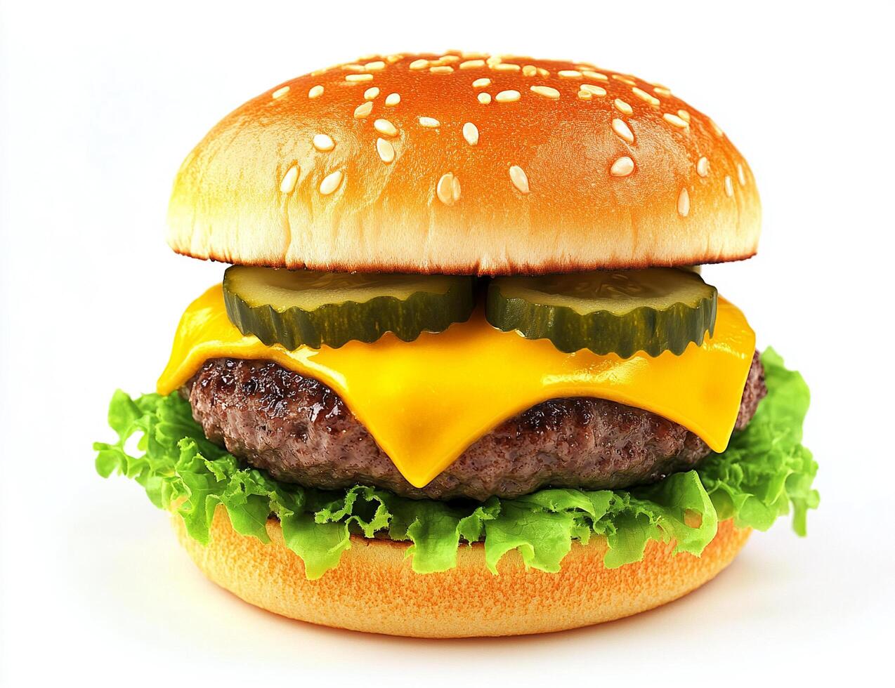 A hamburger with cheese and pickles on a white background photo
