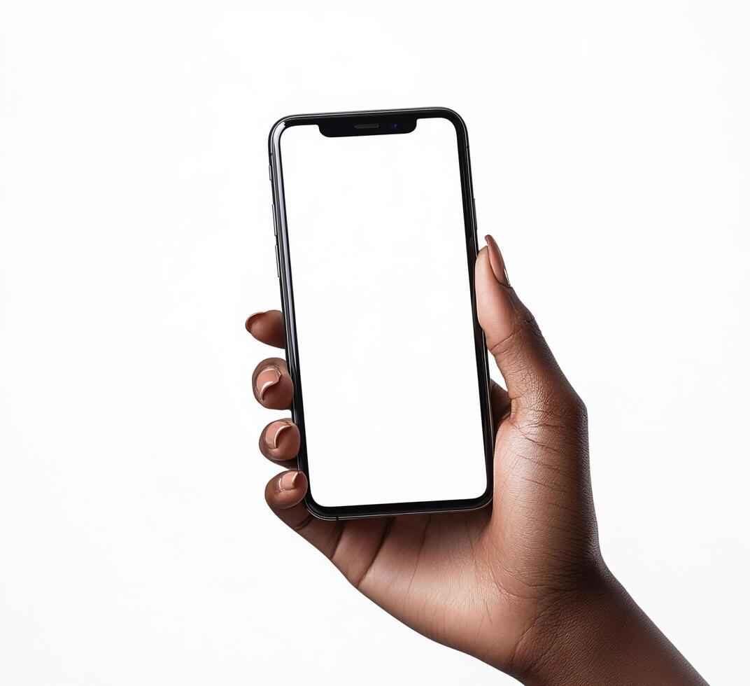A person holding up a black smartphone with a blank screen photo