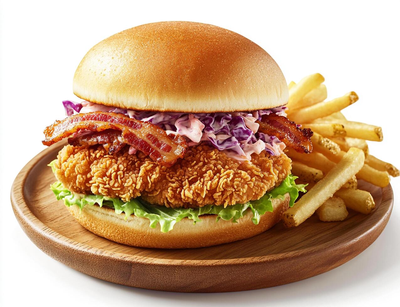 Crispy Fried Chicken Bacon Burger with Coleslaw and French Fries photo
