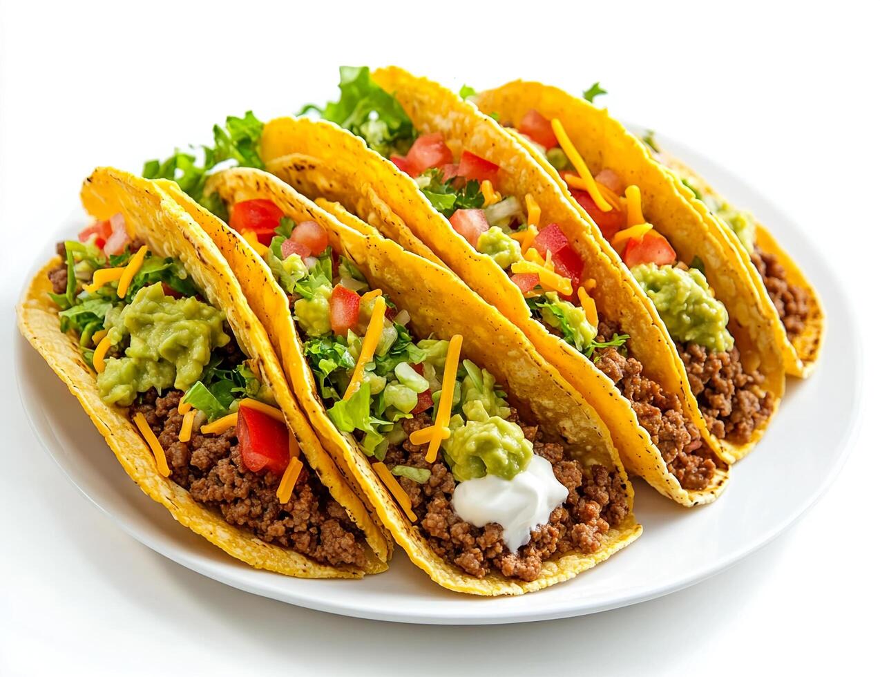 Delicious Ground Beef Tacos with Guacamole Sour Cream and Cheese photo
