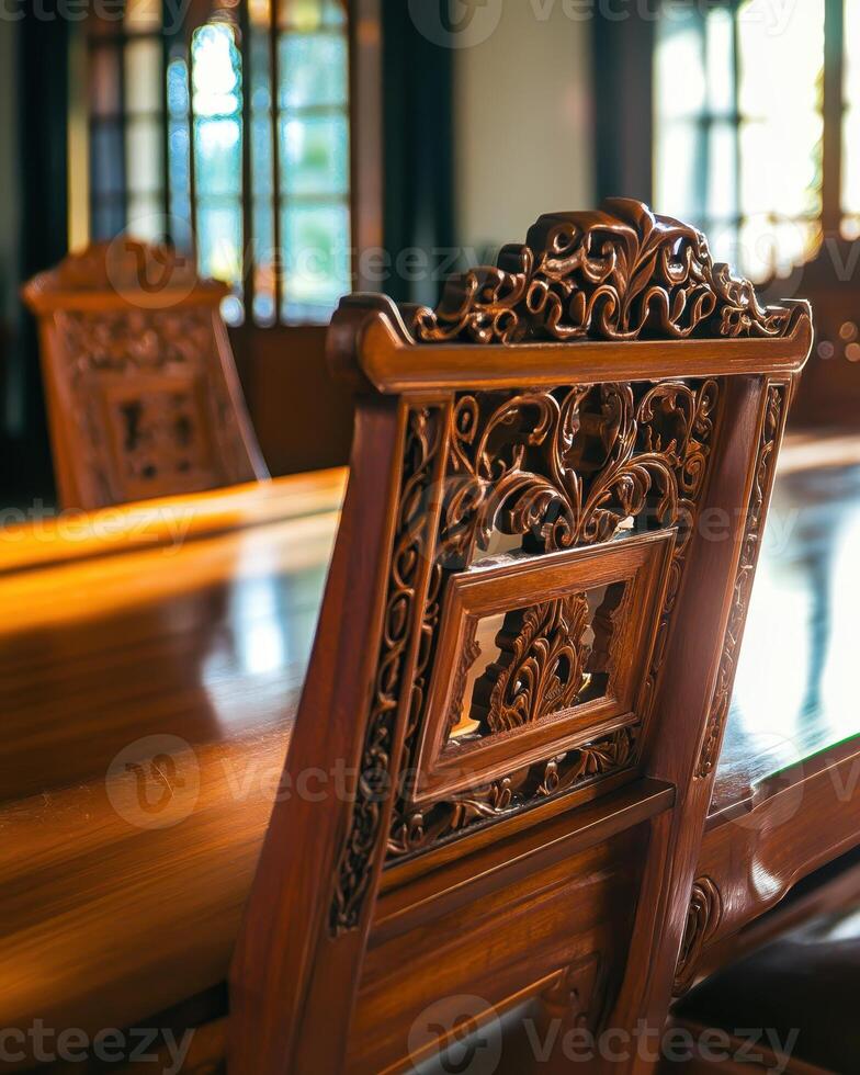 Intricate Carving Adorns Elegant Wooden Chair Back photo