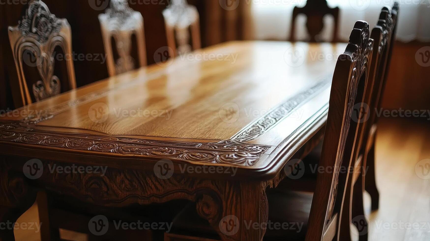 Ornate Wooden Dining Table With Carved Chairs photo