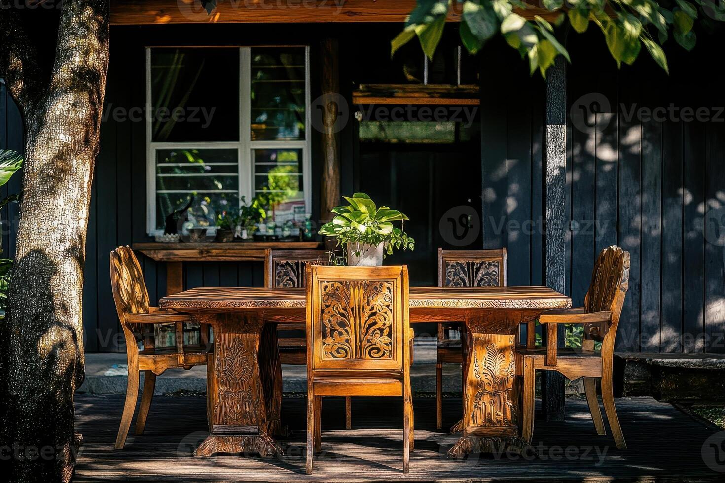 Ornate Wooden Table Set On Patio With Plants photo