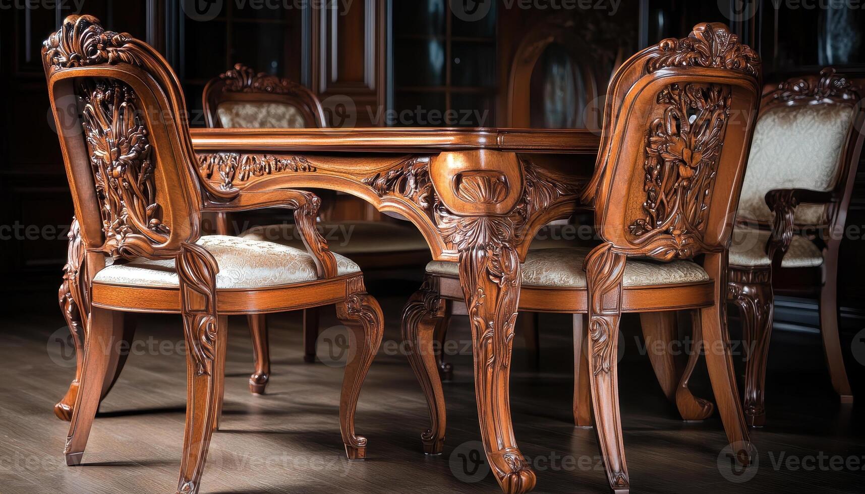 Intricate Wooden Dining Table Set With Ornate Chairs photo