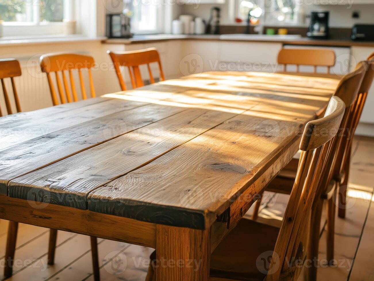 Rustic Wooden Table With Matching Chairs In Sunlit Kitchen photo
