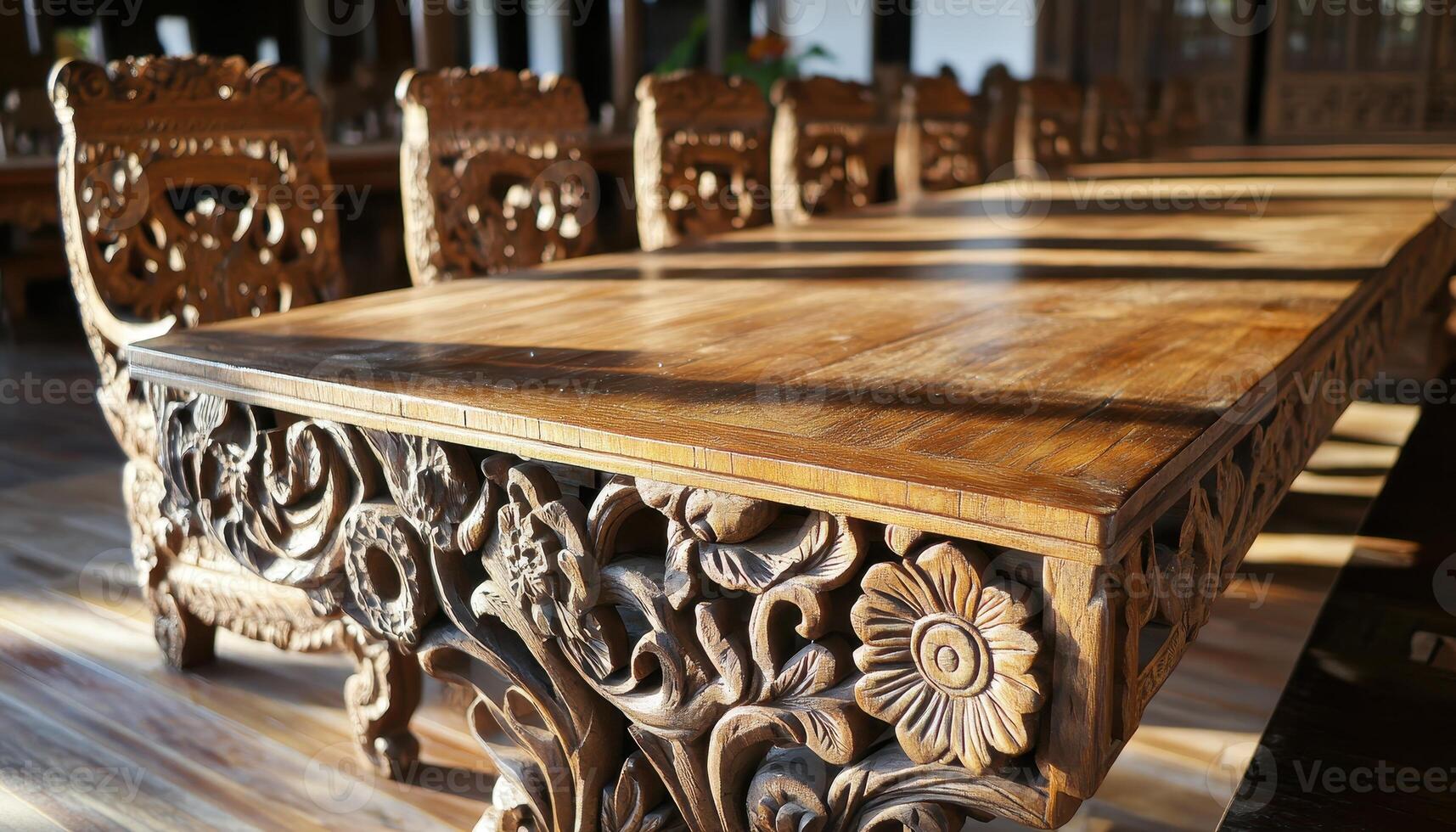Intricate Carved Wooden Dining Table With Matching Chairs photo