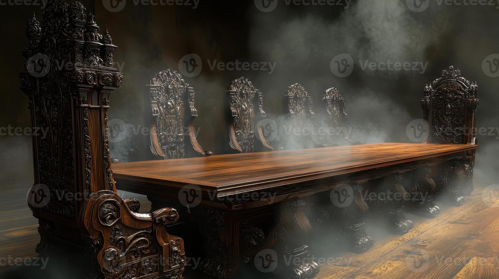 Ornate Wooden Table And Chairs In A Misty Room photo