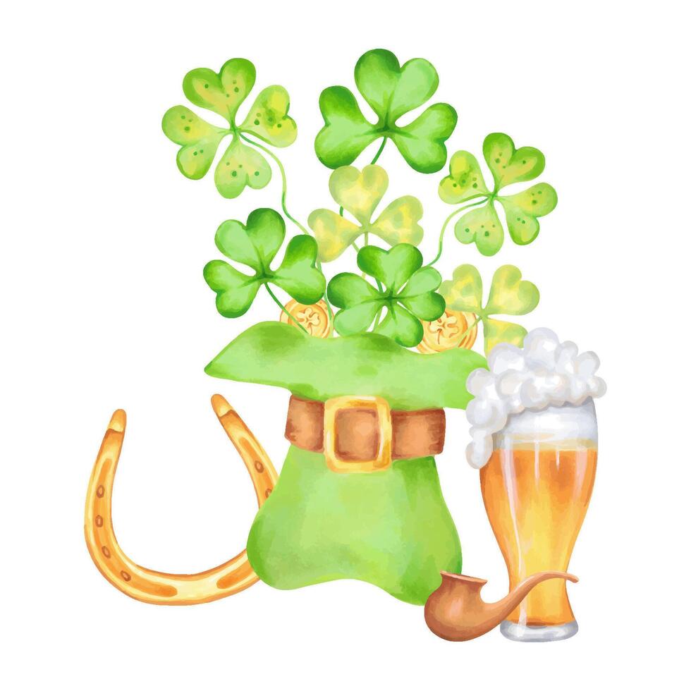 Composition of clover petal with gold coins, horseshoe and top hat, glass of beer with pipe for St. Patrick's Day. Watercolor illustrations. Hand drawn isolated art. Sketch of luck, profit, success vector