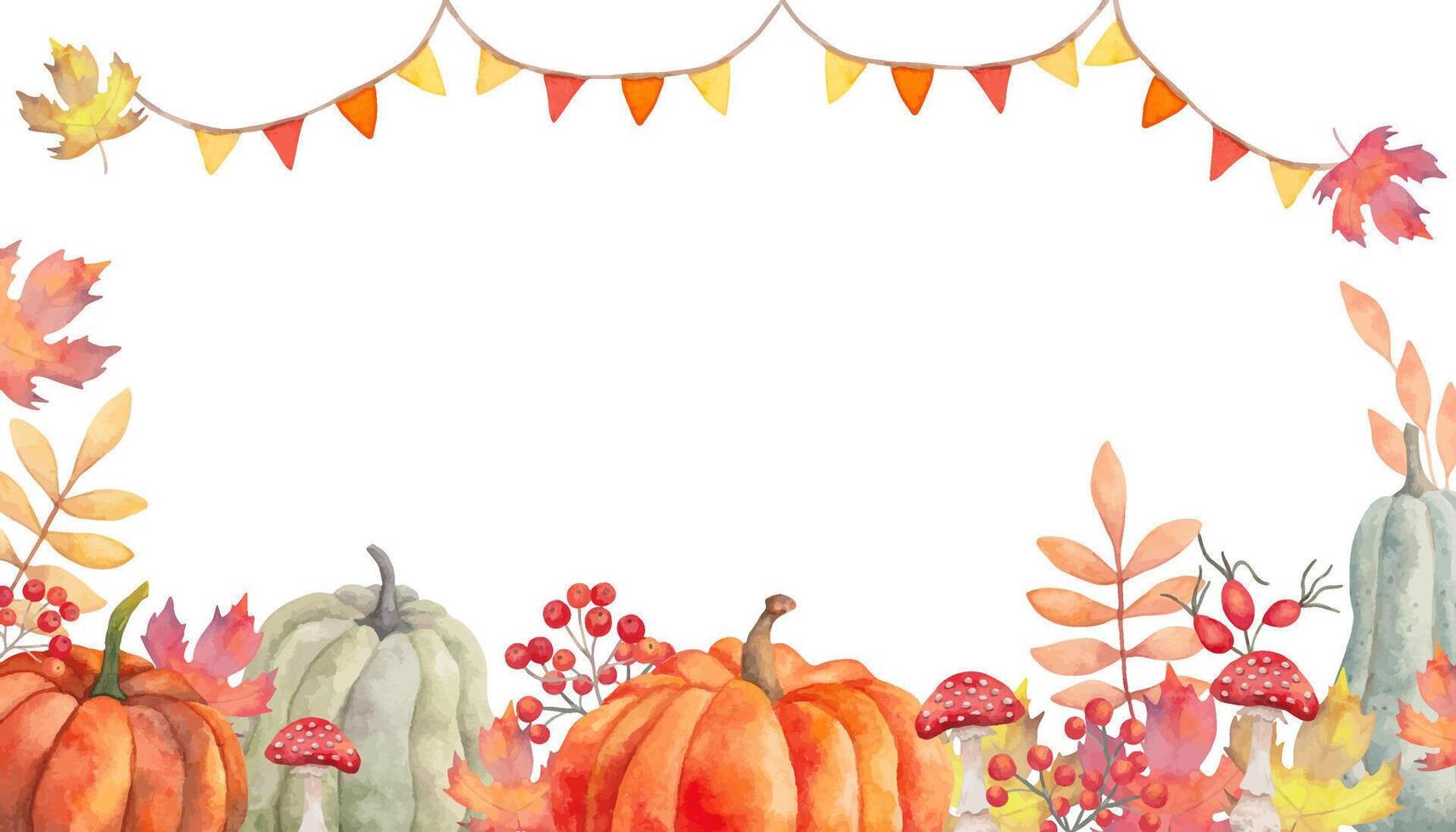 Autumn banner of fall leaves with berries, pumpkins and garlands. Hand drawn isolated botanical frame. Watercolor illustration. Background for invitations, quotes for Thanksgiving, Halloween vector