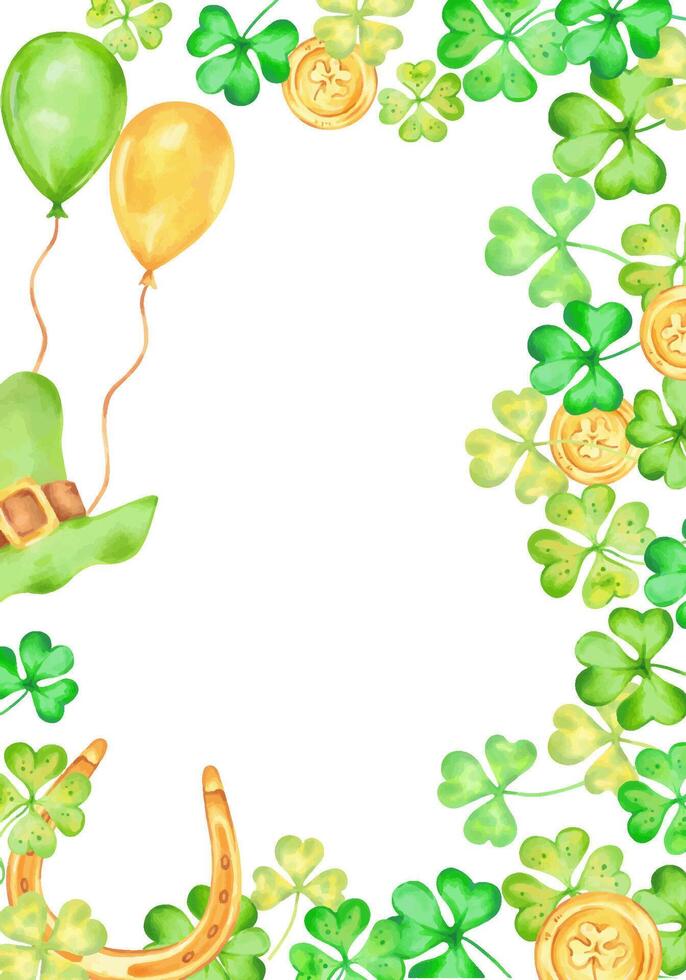 Clover petal with gold coins, horseshoe, leprechaun hat, balloon for Patricks Day. Vertical frame, copy space. Watercolor illustrations. Hand drawn isolated art. Sketch of luck, wealth, and success vector