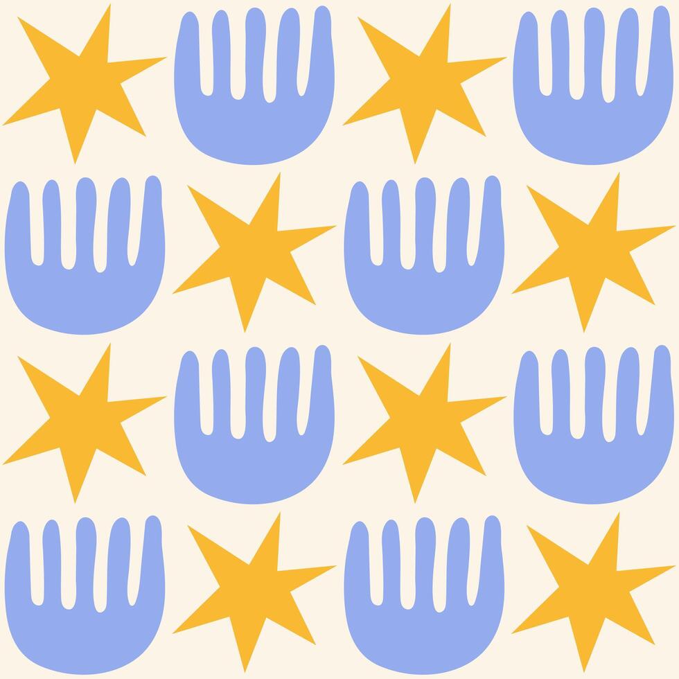 Cute geometric seamless pattern with hand drawn shapes on a beige background. Simple groovy modern design. Blue and yellow colors. vector