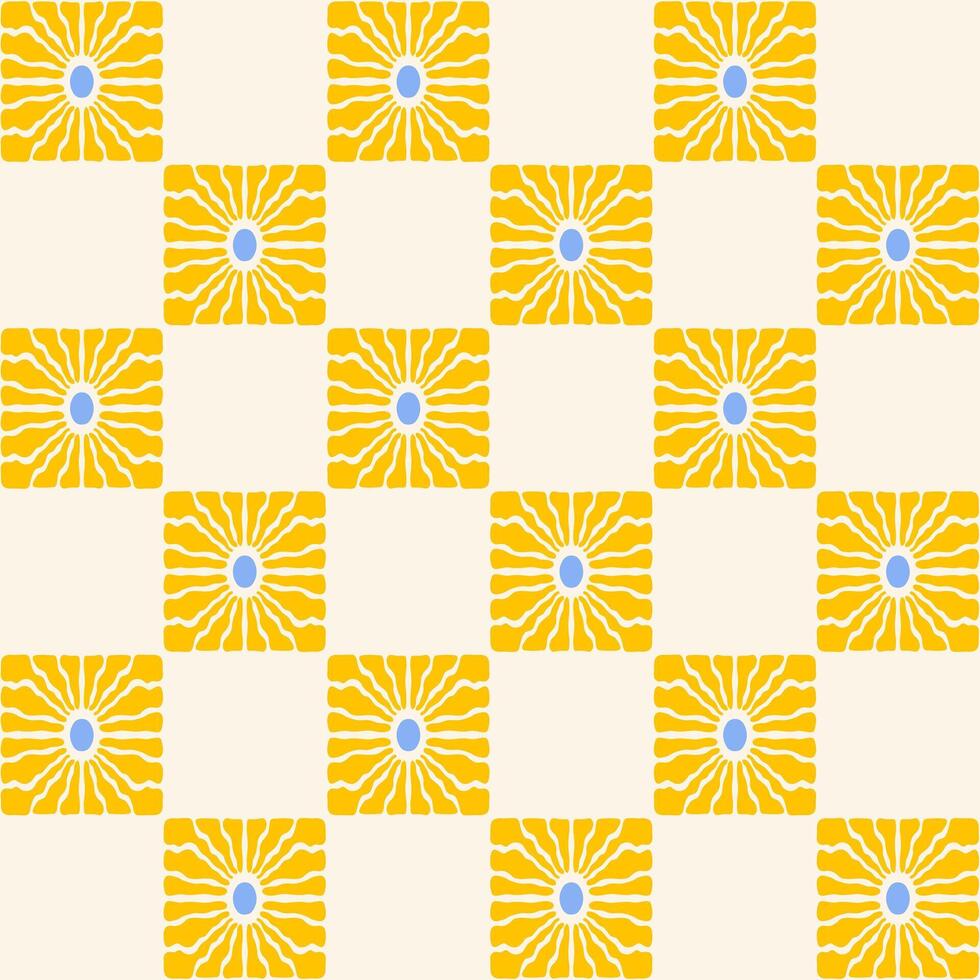 Retro checkerboard seamless pattern with organic shape sun or flower on a beige background. Cute colorful trendy illustration in style 70s, 80s vector