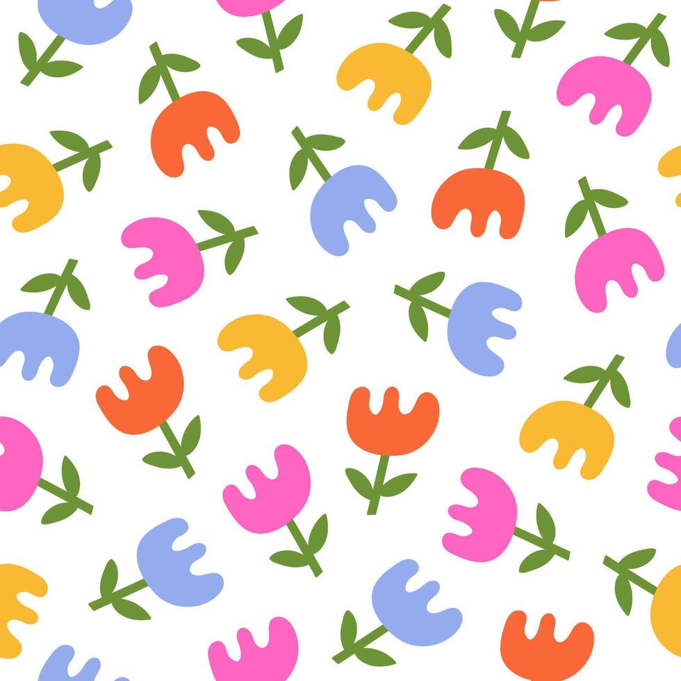 Seamless pattern with random tulip flowers on a white background. Cute floral minimal print. Childish design. vector