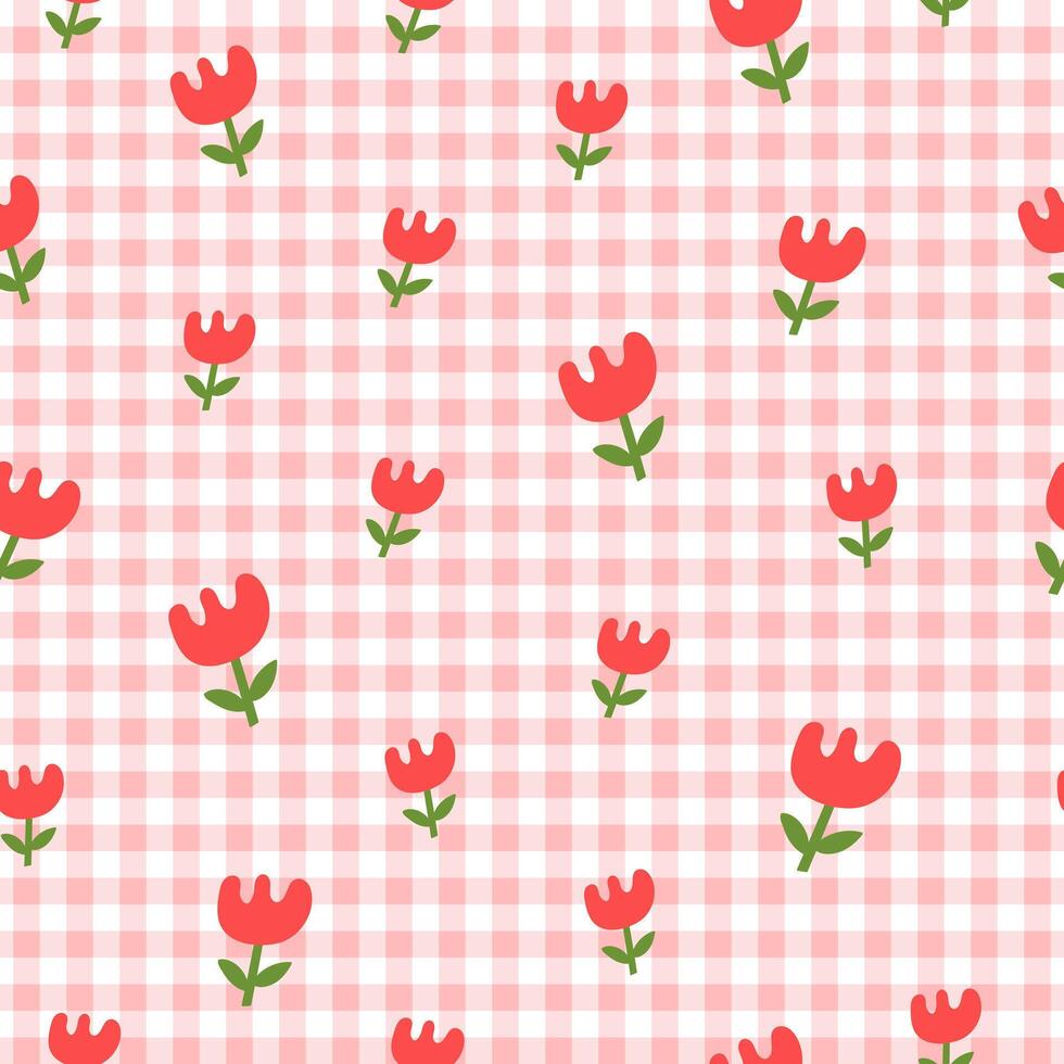 Cute geometric seamless pattern with hand drawn flowers on checkered background. Simple groovy modern design. Red, green and pink colors vector