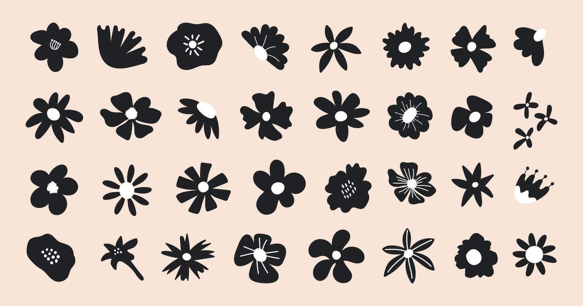 Floral set cute botanical elements on a beige background. Spring and summer groovy flowers. vector