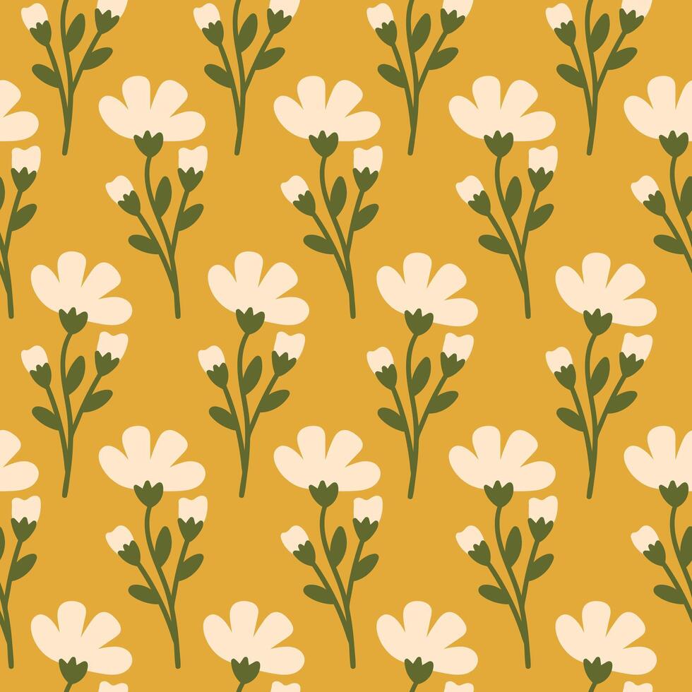 Seamless pattern with hand drawn flowers on a mustard background. Cute floral minimal print. Yellow, green and beige colors. vector
