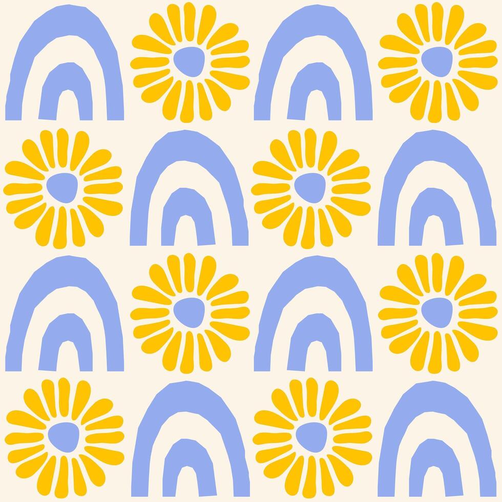 Cute geometric seamless pattern with hand drawn shapes on a beige background. Simple groovy modern design. Blue and yellow colors vector