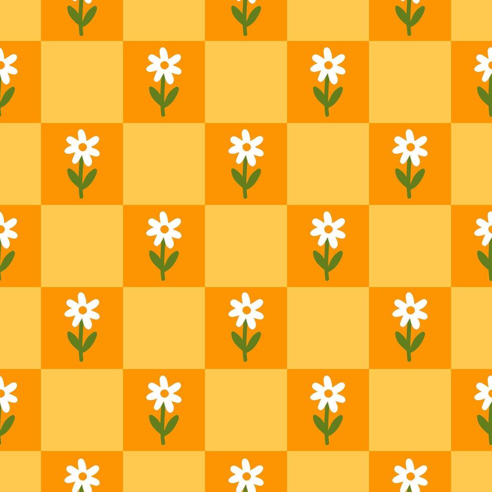 Retro checkerboard seamless pattern with hand drawn daisy flowers. Yellow, orange, green and white colors. Cute colorful trendy illustration in style 70s, 80s vector