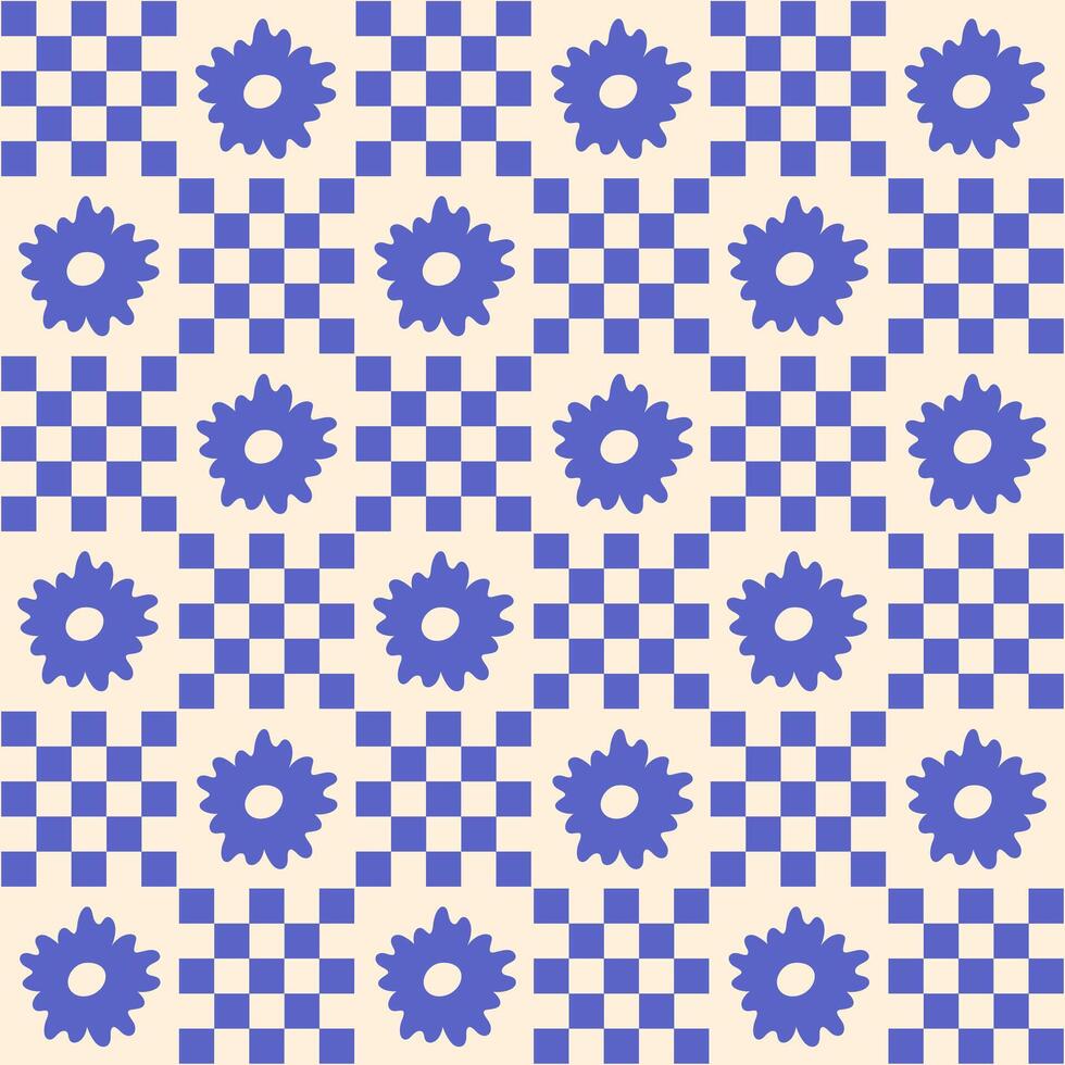 Geometric seamless pattern with hand drawn flowers and squares on a beige background. Simple groovy modern design. Blue and beige colors vector