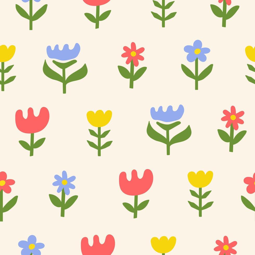 Seamless pattern with hand drawn flowers on a beige background. Cute floral minimal print. Childish design vector