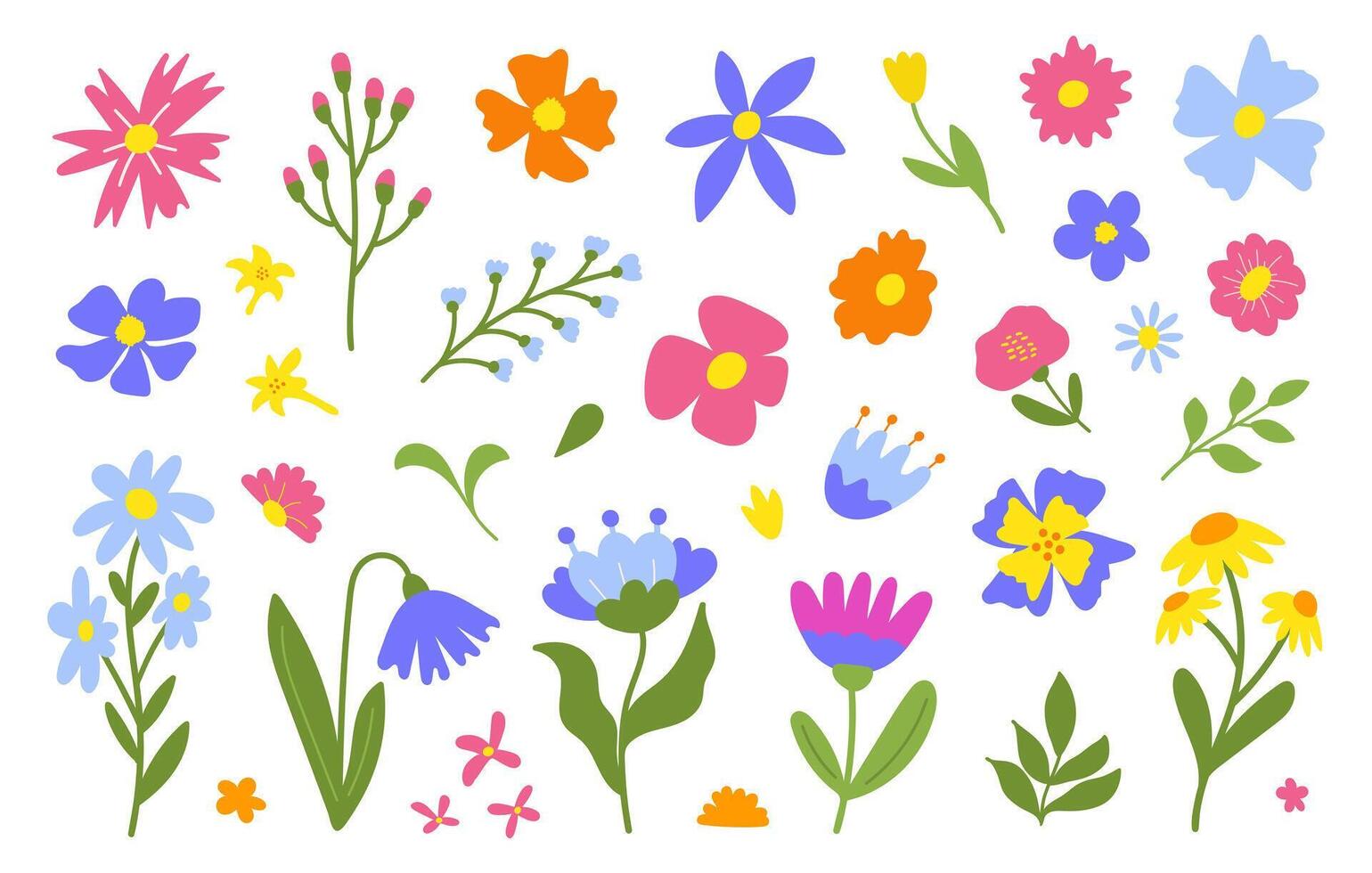 Floral set cute botanical elements on a white background.Spring and summer groovy flowers, leaves, branches vector