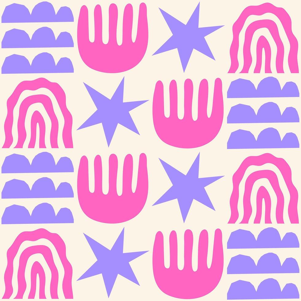 Cute geometric seamless pattern with hand drawn shapes on a beige background. Simple groovy modern design. Purple and pink colors vector