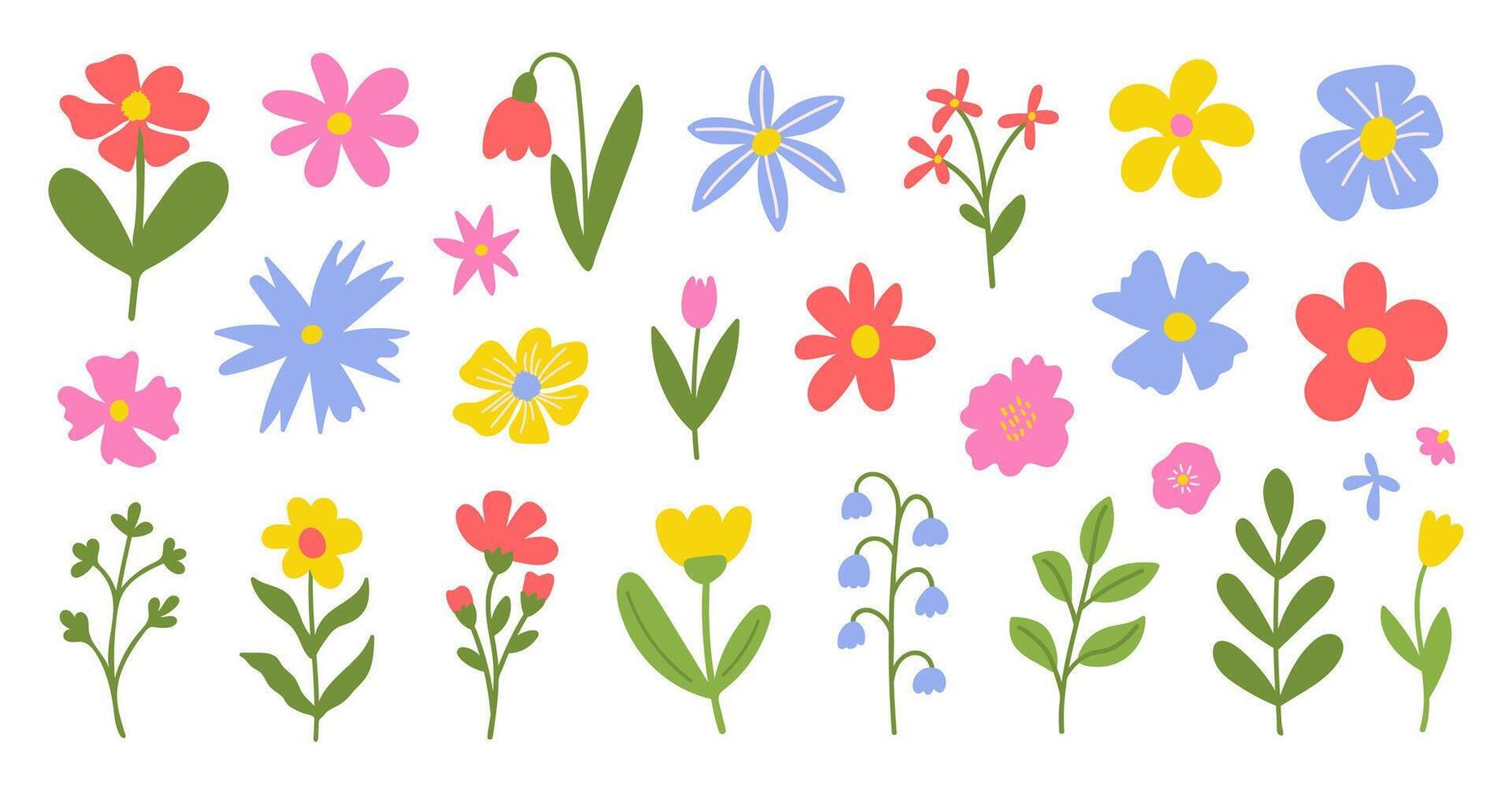 Floral set cute botanical elements on white background. Spring and summer groovy flowers, leaves, branches vector