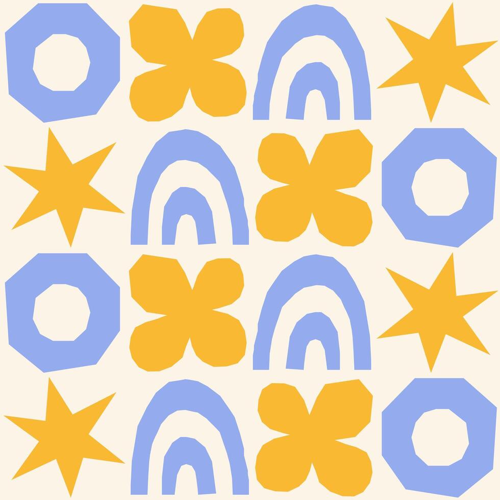 Cute geometric seamless pattern with hand drawn shapes on beige background. Simple groovy modern design. Blue and yellow colors vector