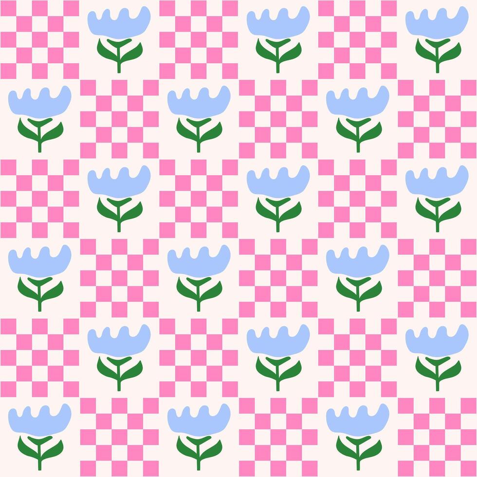Cute geometric seamless pattern with hand drawn flowers and squares on a beige background. Simple groovy modern design. Blue, green and pink colors. vector