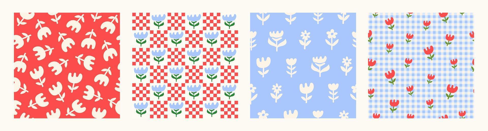 Set seamless patterns with cute hand drawn flowers. vector