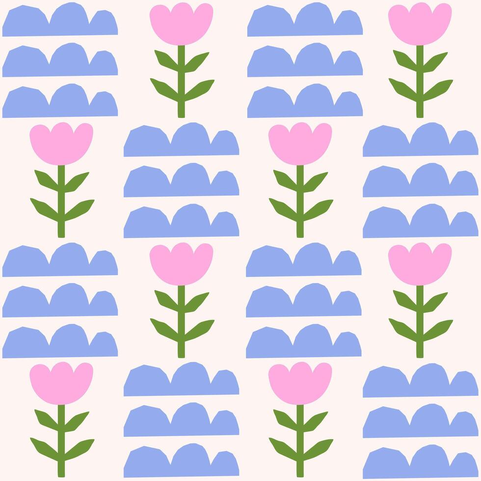 Cute geometric seamless pattern with hand drawn shapes on a beige background. Simple groovy modern design. Blue, green and pink colors vector