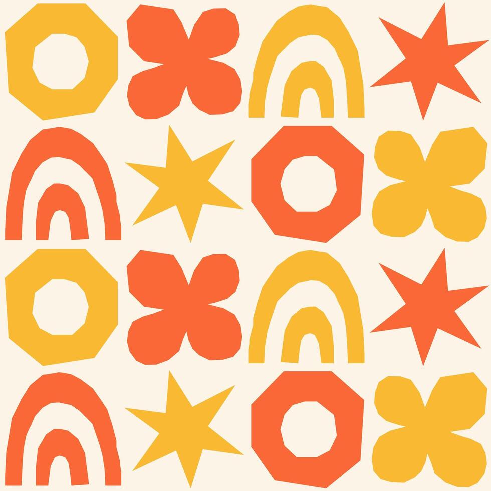 Cute geometric seamless pattern with hand drawn shapes on a beige background. Simple groovy modern design. Red and yellow colors. vector