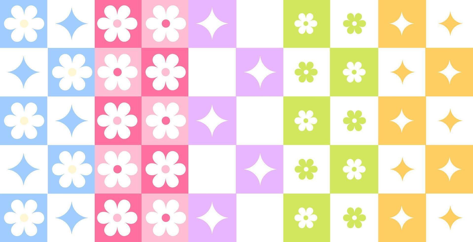Set of seamless patterns with checkered, flowers and stars vector