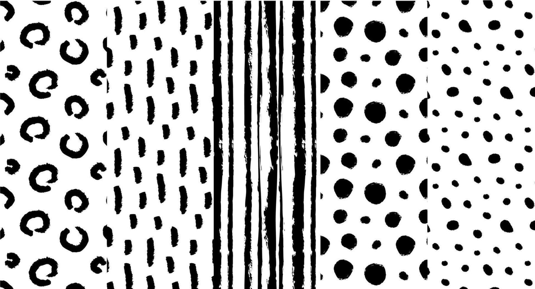 Set of seamless black and white minimalistic patterns with texture dots, circles and lines vector