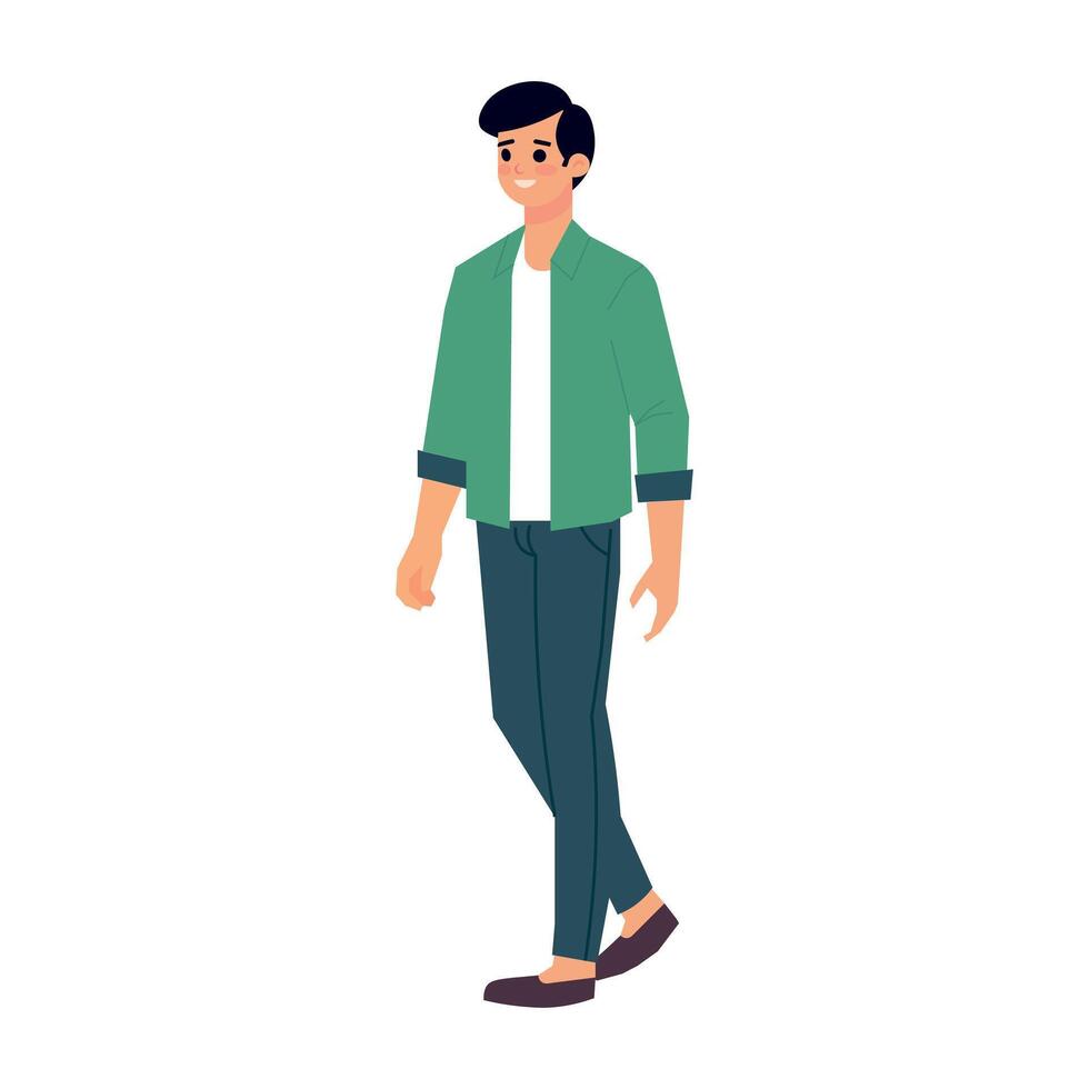 Smiling Young Man Walking in Green Shirt and Jeans. Cartoon Flat Character Design. vector