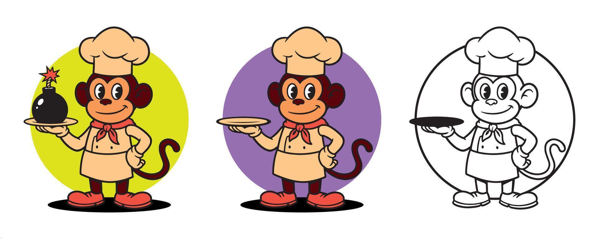 Cartoon cute monkey chef holding a covered dish, illustration. Ideal for culinary branding, children's content, or food-related designs vector