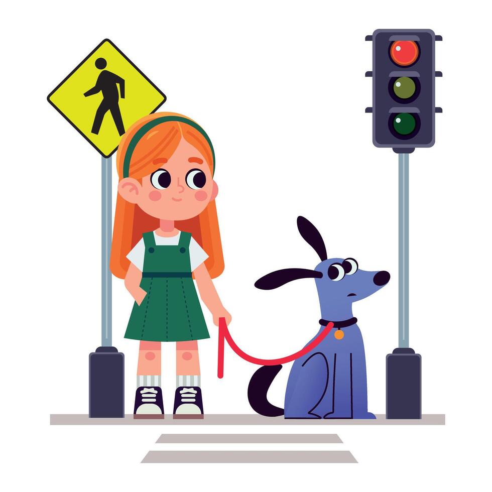 Cartoon girl standing by the pedestrian crossing holding a dog on a leash. Isolated on white. Flat design vector