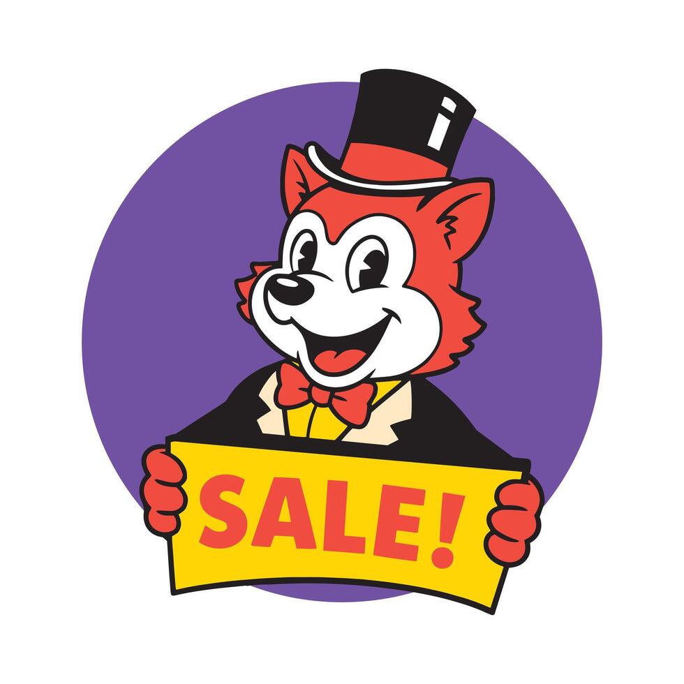 Fox in a top hat holding a banner. Cartoon sale mascot design vector