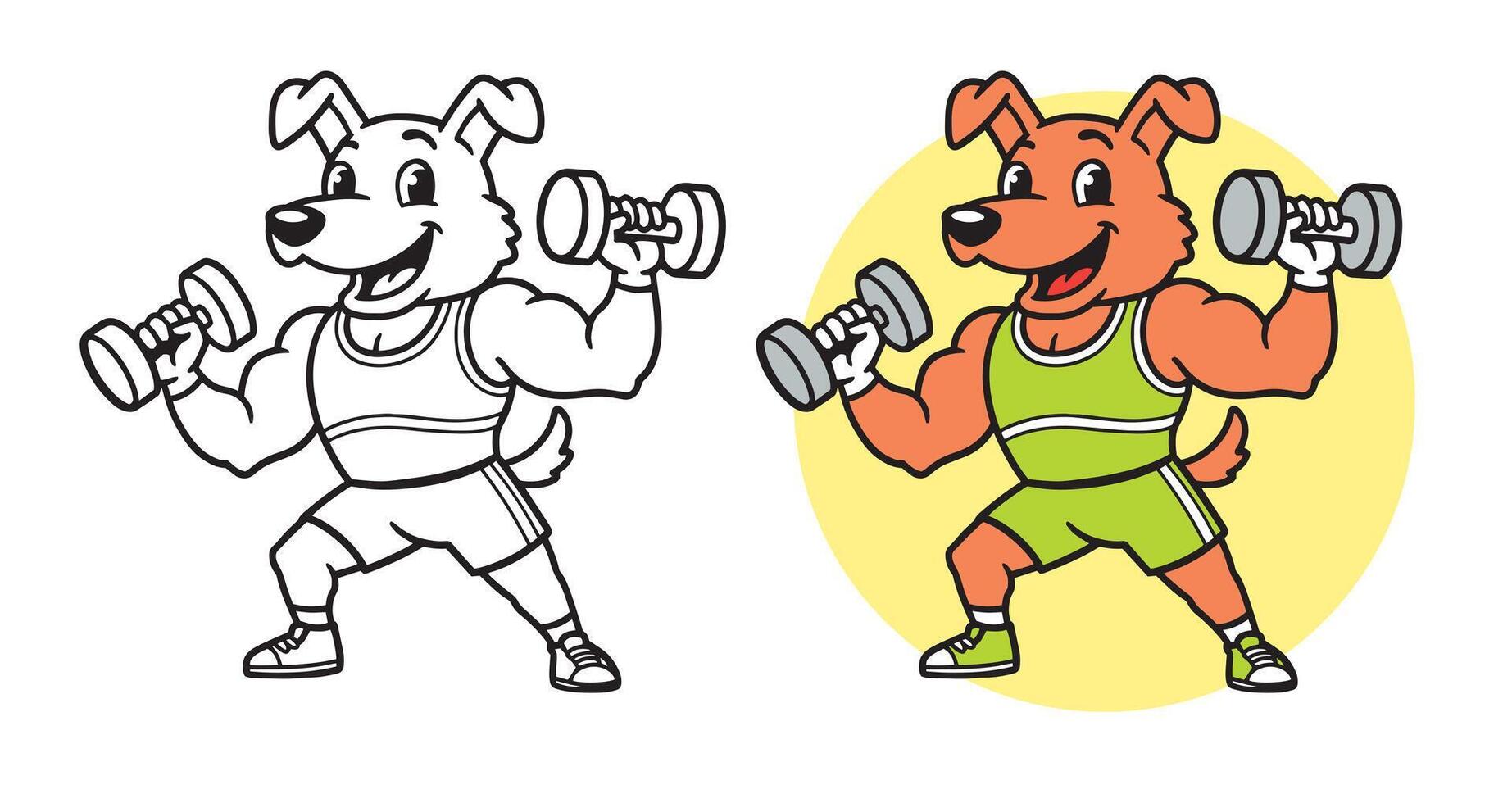 Cartoon dog mascot lifting dumbbells and smiling. illustration for logo template, sticker, patch, or fitness branding. Isolated on white background vector
