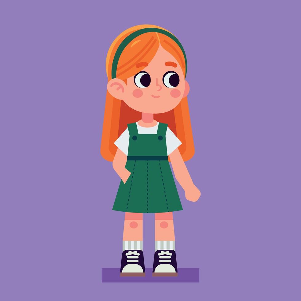 Cartoon cute little girl in a green dress. Flat character design. vector