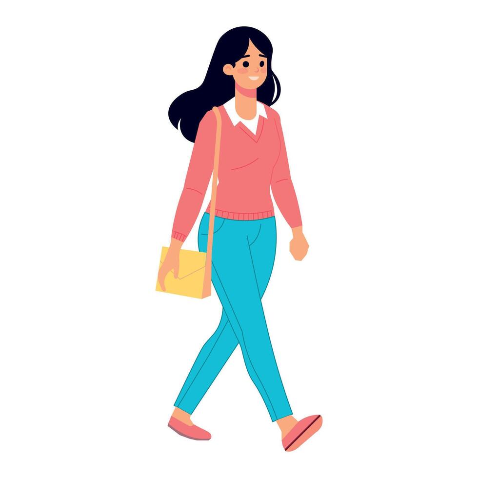 Cartoon Smiling Young Woman Walking with Purse. Flat character design. Isolated vector